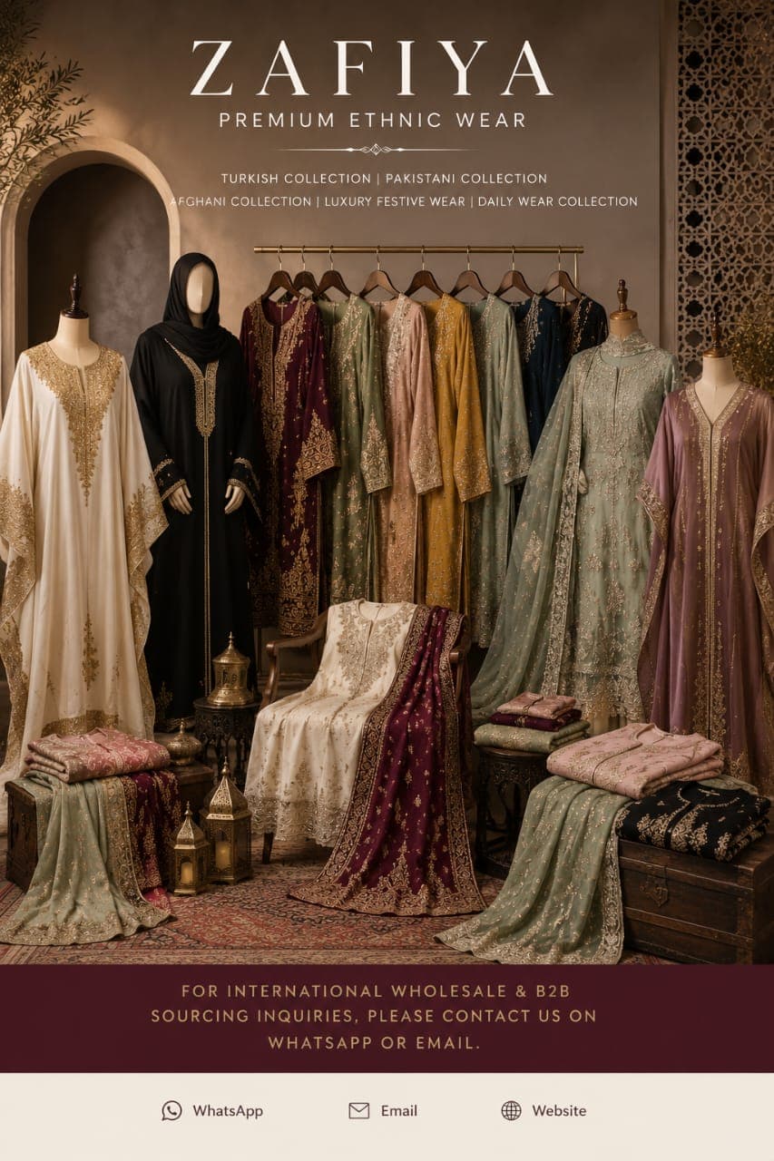 ZAFIYA premium ethnic wear collection poster with Turkish, Pakistani, Afghani, luxury festive, and daily wear directions